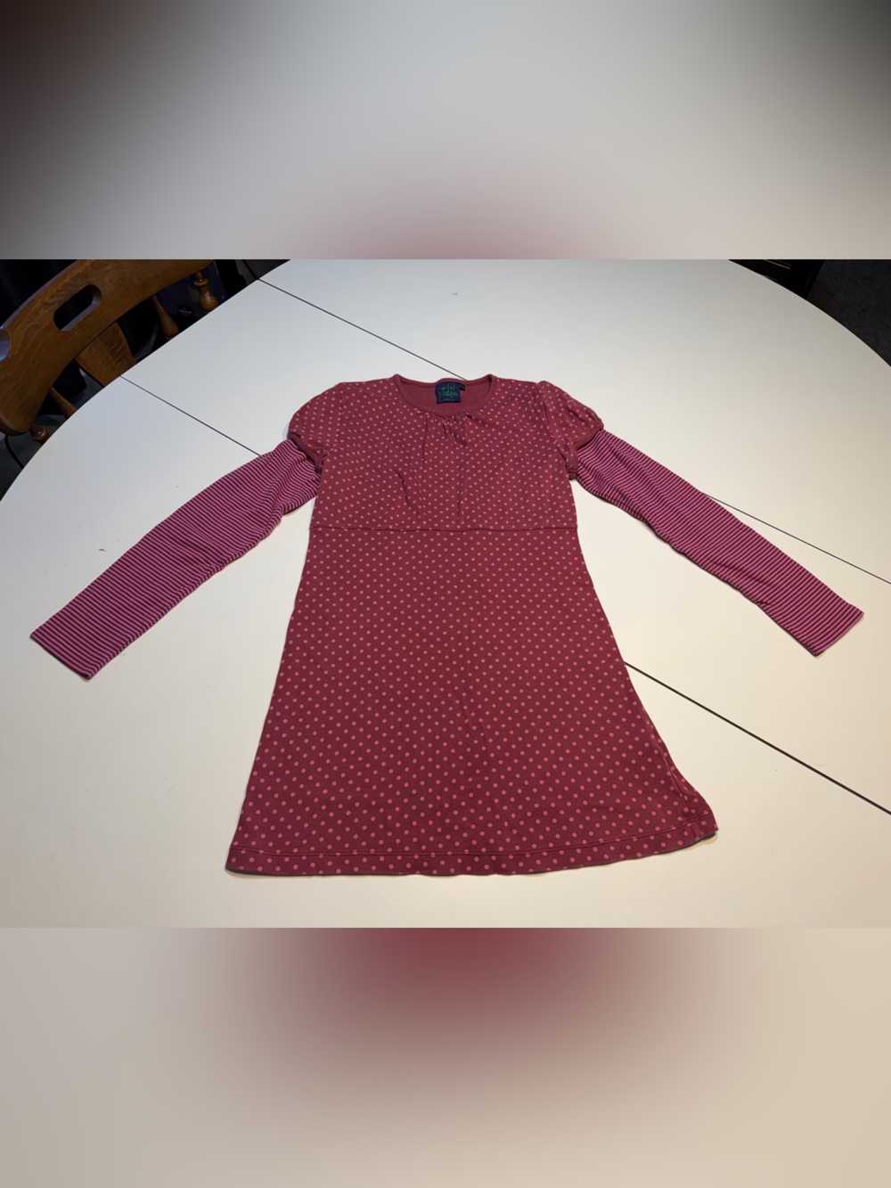 Mini Boden 13-14Y girl's long-sleeve dress maroon polka dot pattern